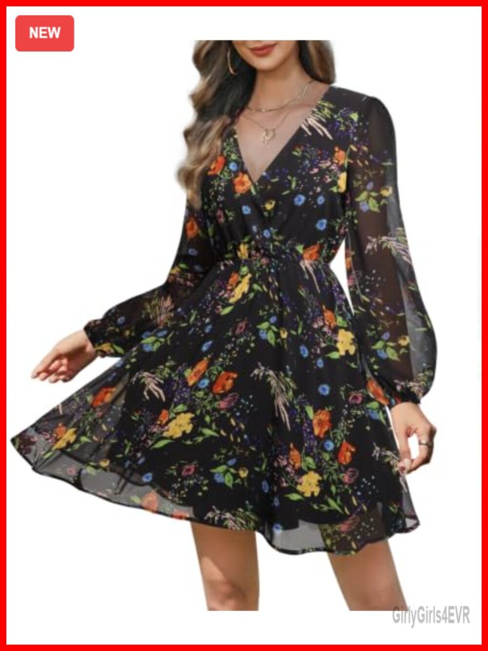Women Long Sleeve Floral Chiffon Mini Dress V-Neck A-Line Wedding Guest